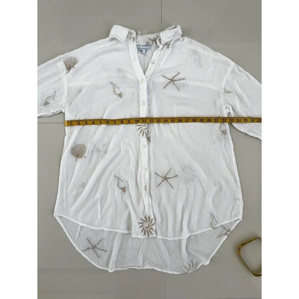 Beach Swimsuit Cover Up Button Down Shirt Embroidered Shell Boho Vacation NEW L